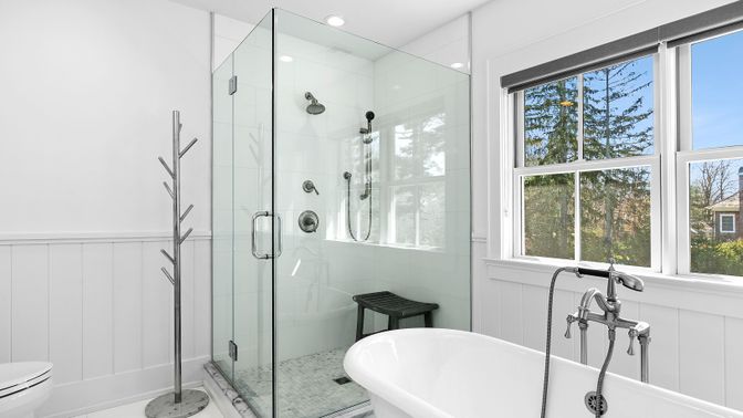 Bathroom, Free Standing Baths, Glass Shower, Interior, Marble Walls, Recessed Lighting