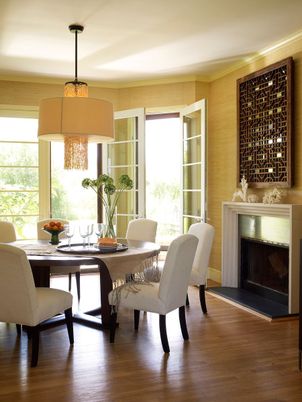 Chandelier, Dining room, Fireplace, Interior, Pendant Lights, Wood Texture Flooring