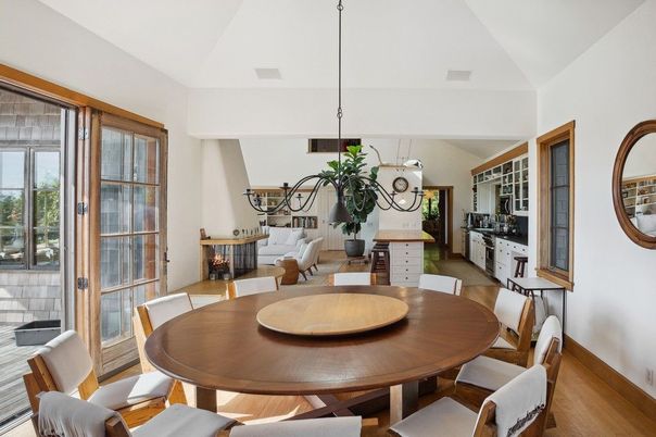 Dining room, Interior, Living room, Pendant Lights, Wood Texture Flooring