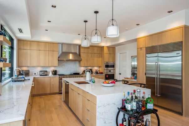 Interior, Kitchen, Pendant Lights, Recessed Lighting, Stainless Steel Appliances, Wood Texture Flooring
