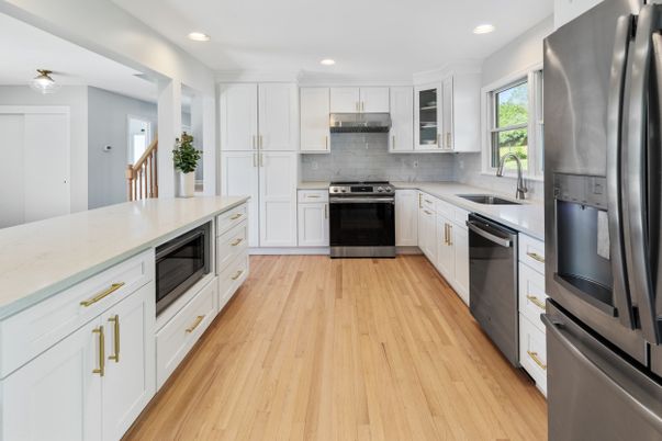 Interior, Kitchen, Recessed Lighting, Stainless Steel Appliances, Wood Texture Flooring