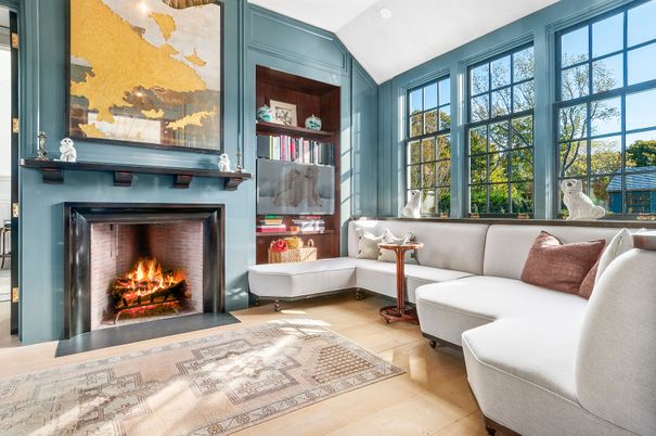 Fireplace, Interior, Living room, Recessed Lighting, Wood Texture Flooring
