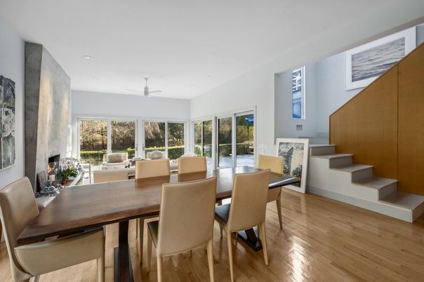 Dining room, Fireplace, Interior, Recessed Lighting, Wood Texture Flooring