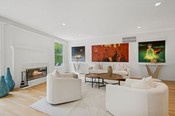 Fireplace, Interior, Living room, Recessed Lighting, Wood Texture Flooring