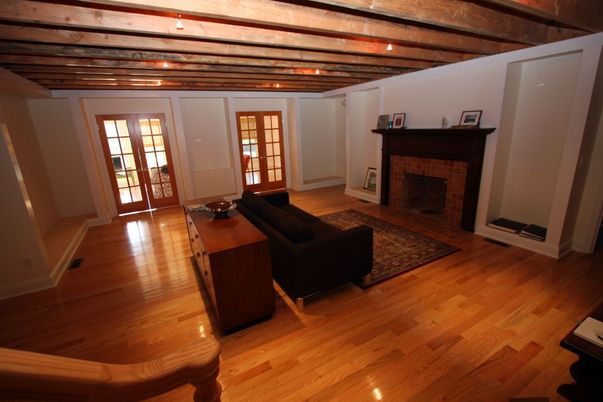 Fireplace, Interior, Living room, Wooden Beams, Wood Texture Flooring