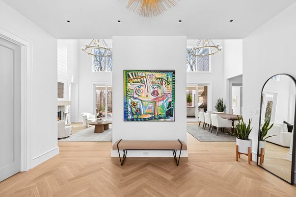 Chandelier, Dining room, Fireplace, Interior, Living room, Pendant Lights, Recessed Lighting, Wood Texture Flooring
