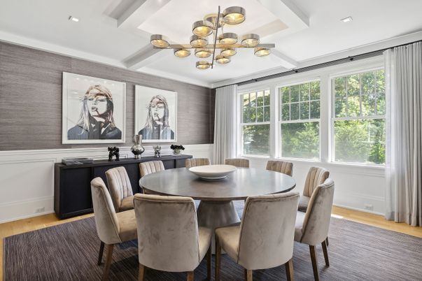Dining room, Interior, Pendant Lights, Recessed Lighting, Wood Texture Flooring
