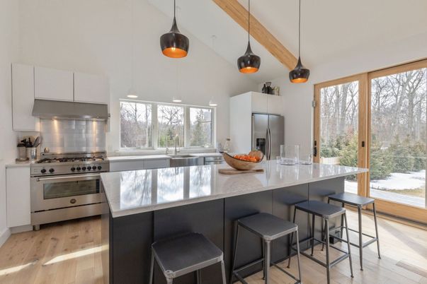 Interior, Kitchen, Pendant Lights, Stainless Steel Appliances, Wood Texture Flooring