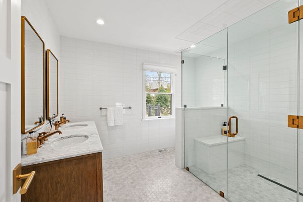 Bathroom, Dual Sink Vanities, Glass Shower, Interior, Recessed Lighting
