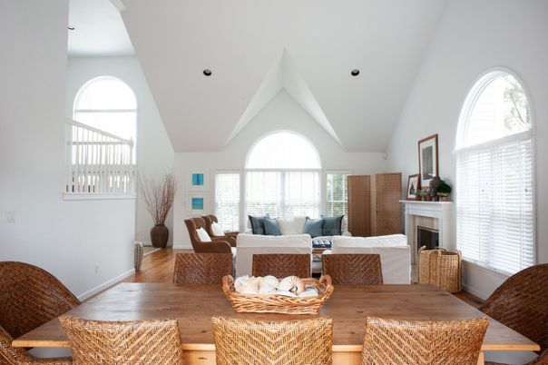 Dining room, Fireplace, Interior, Living room, Recessed Lighting, Wood Texture Flooring