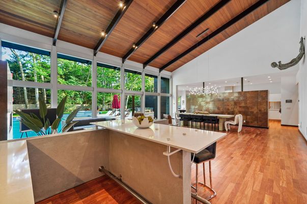Dining room, Interior, Pendant Lights, Recessed Lighting, Wooden Beams, Wooden Ceilings, Wood Texture Flooring