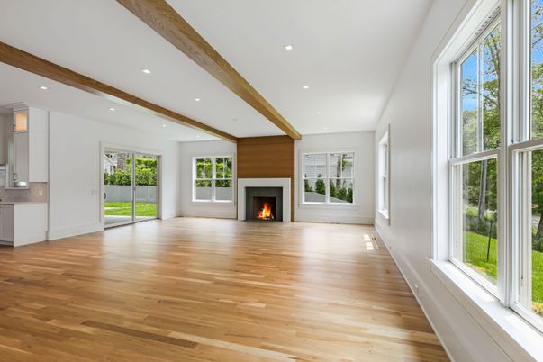 Empty room, Fireplace, Interior, Recessed Lighting, Wooden Beams, Wood Texture Flooring