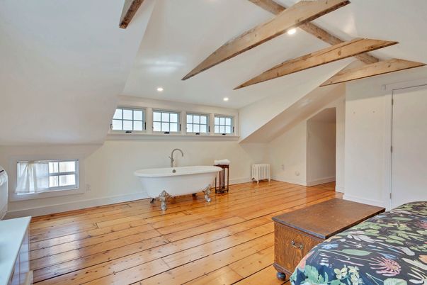 Bathroom, Free Standing Baths, Interior, Recessed Lighting, Wooden Beams, Wood Texture Flooring