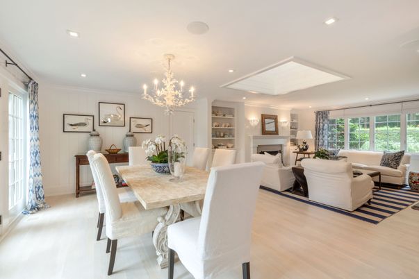 Chandelier, Dining room, Fireplace, Interior, Living room, Recessed Lighting, Wood Texture Flooring