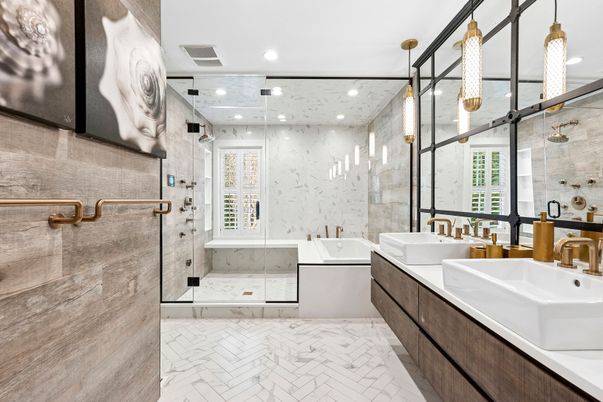 Bathroom, Dual Sink Vanities, Glass Shower, Interior, Marble, Pendant Lights, Recessed Lighting