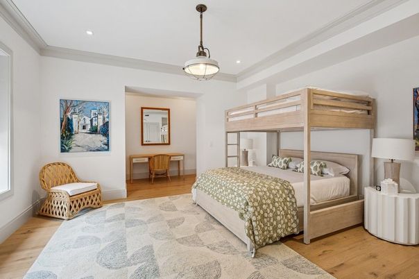 Bedroom, Interior, Pendant Lights, Recessed Lighting, Wood Texture Flooring