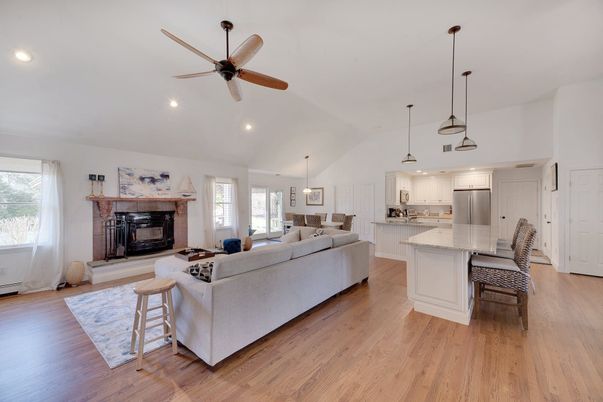 Dining room, Fireplace, Interior, Kitchen, Living room, Pendant Lights, Recessed Lighting, Wood Texture Flooring