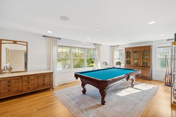 Billiard Table, Game Room, Interior, Recessed Lighting, Wood Texture Flooring