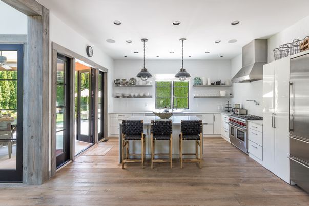 Interior, Kitchen, Pendant Lights, Recessed Lighting, Stainless Steel Appliances, Wood Texture Flooring
