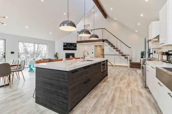 Fireplace, Interior, Kitchen, Living room, Pendant Lights, Recessed Lighting, Wooden Beams, Wood Texture Flooring