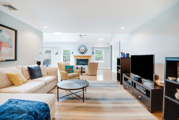Fireplace, Interior, Living room, Recessed Lighting, Wood Texture Flooring