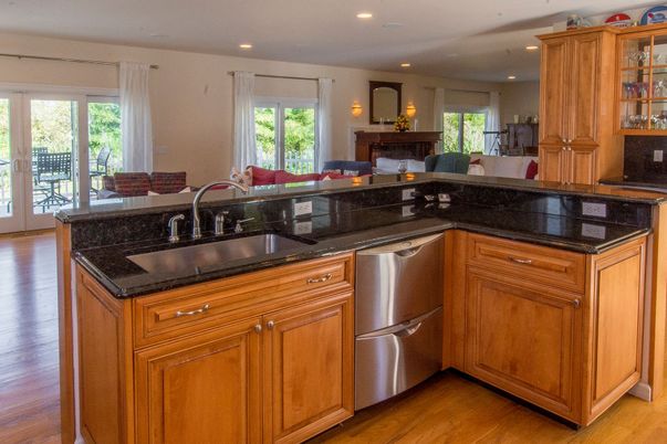 Fireplace, Interior, Kitchen, Recessed Lighting, Stainless Steel Appliances, Wood Texture Flooring