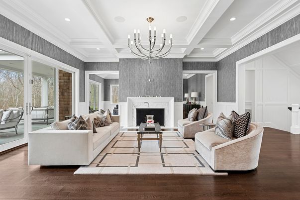 Chandelier, Fireplace, Interior, Living room, Recessed Lighting, Wood Texture Flooring