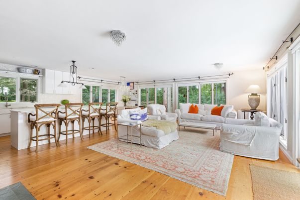 Dining room, Interior, Living room, Pendant Lights, Wood Texture Flooring
