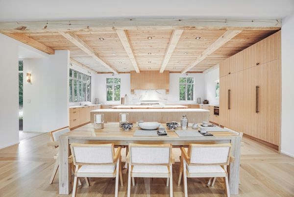 Dining room, Interior, Kitchen, Recessed Lighting, Wooden Beams, Wooden Ceilings, Wood Texture Flooring