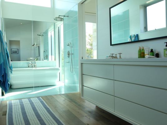 Bathroom, Free Standing Baths, Glass Shower, Interior, Wood Texture Flooring