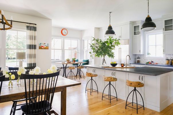 Dining room, Interior, Kitchen, Pendant Lights, Wood Texture Flooring
