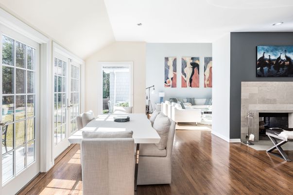 Dining room, Fireplace, Interior, Living room, Recessed Lighting, Wood Texture Flooring