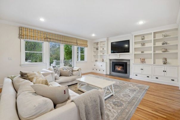 Fireplace, Interior, Living room, Recessed Lighting, Wood Texture Flooring