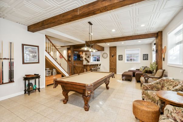 Billiard Table, Game Room, Interior, Living room, Pendant Lights, Recessed Lighting, Wooden Beams