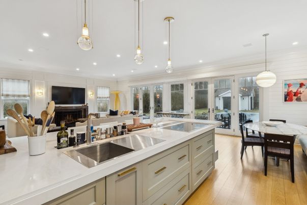 Dining room, Fireplace, Interior, Kitchen, Pendant Lights, Recessed Lighting, Wood Texture Flooring