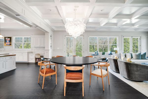 Chandelier, Dining room, Interior, Kitchen, Living room, Recessed Lighting, Wood Texture Flooring