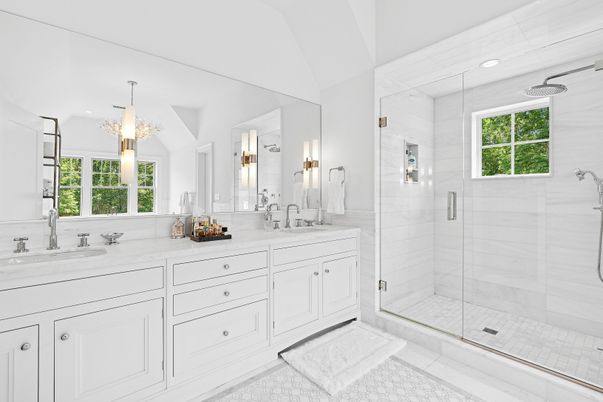 Bathroom, Dual Sink Vanities, Glass Shower, Interior, Pendant Lights, Recessed Lighting
