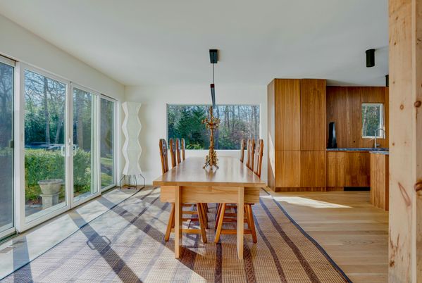 Dining room, Interior, Pendant Lights, Wood Texture Flooring