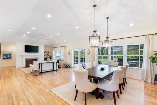 Dining room, Fireplace, Interior, Living room, Pendant Lights, Recessed Lighting, Wood Texture Flooring