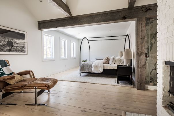 Bedroom, Fireplace, Interior, Stone Walls, Wooden Beams, Wood Texture Flooring