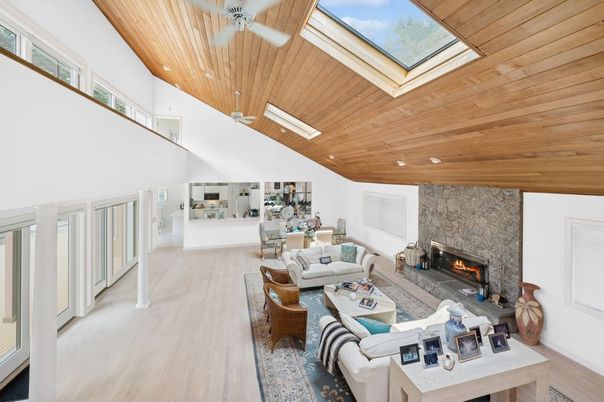 Fireplace, Interior, Living room, Recessed Lighting, Wooden Ceilings, Wood Texture Flooring