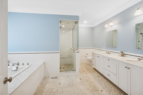 Bathroom, Dual Sink Vanities, Glass Shower, Interior, Recessed Lighting
