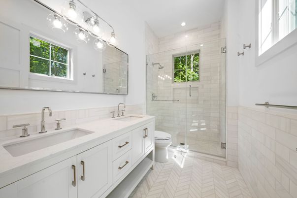 Bathroom, Dual Sink Vanities, Glass Shower, Interior, Recessed Lighting