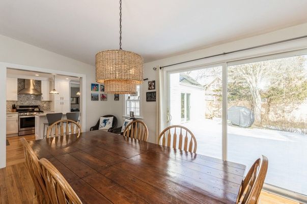 Dining room, Interior, Kitchen, Pendant Lights, Stainless Steel Appliances, Wood Texture Flooring