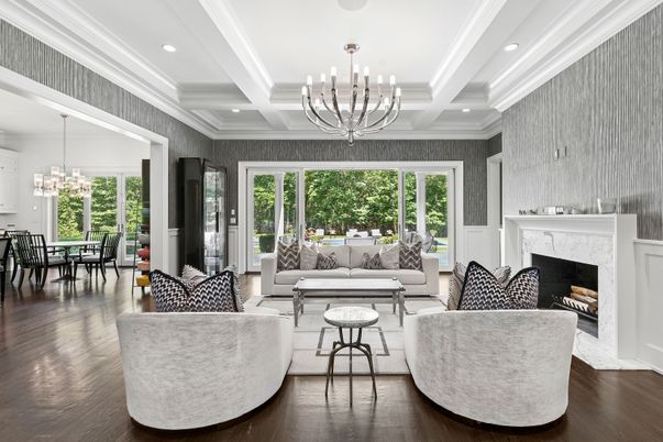 Chandelier, Dining room, Fireplace, Interior, Living room, Recessed Lighting, Wood Texture Flooring