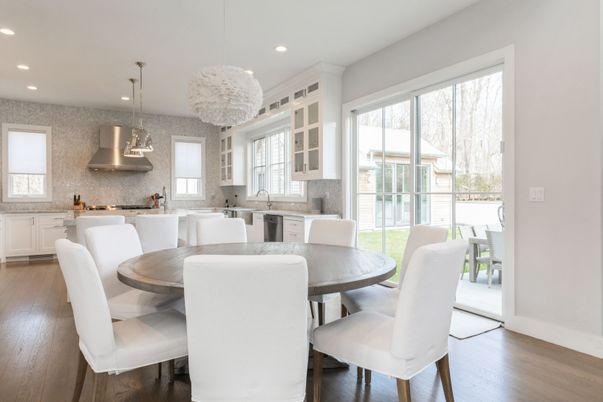 Dining room, Interior, Kitchen, Pendant Lights, Recessed Lighting, Stainless Steel Appliances, Wood Texture Flooring