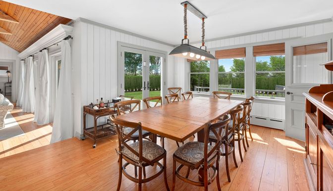 Dining room, Interior, Pendant Lights, Wood Texture Flooring
