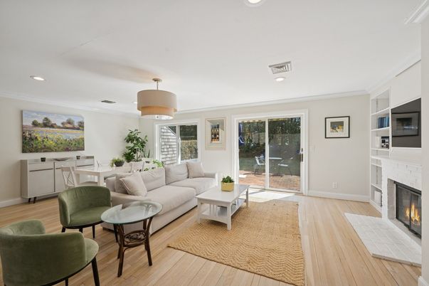 Dining room, Fireplace, Interior, Living room, Recessed Lighting, Wood Texture Flooring