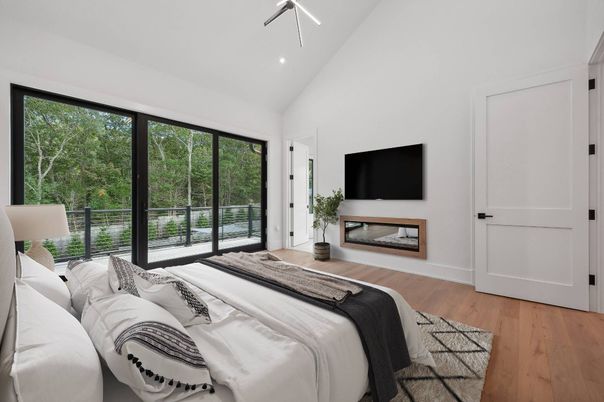 Bedroom, Fireplace, Interior, Recessed Lighting, Wood Texture Flooring