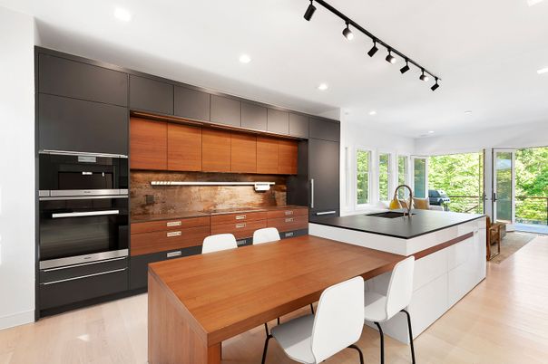 Dining room, Interior, Kitchen, Recessed Lighting, Stainless Steel Appliances, Wood Texture Flooring